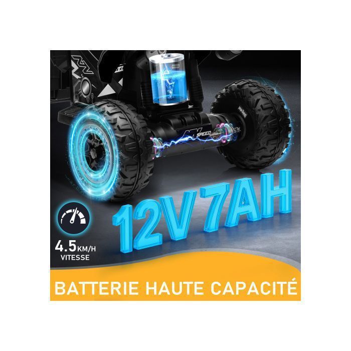 Quad électrique Enfant 12V – Double Moteur, LED, Musique, 2 Vitesses, Noir – Pour 2 à 6 Ans