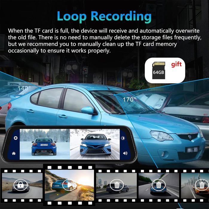 9, 66'' Specchio Dashcam con Telecamera Posteriore, Carplay Android Auto, G-Sensor Registrazione Loop, Controllo Vocale GPS Super Night Vision, WDR, Parking Assist Parking Monitor 32G SD Card
