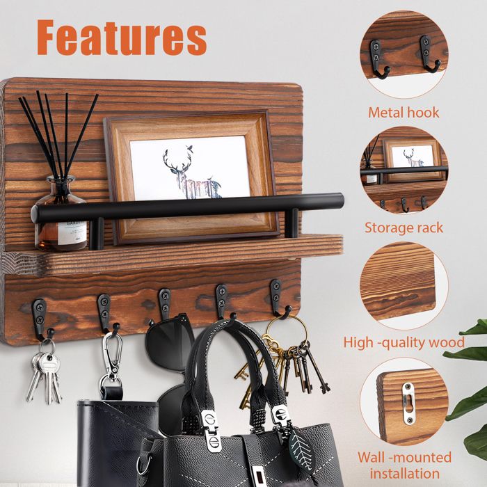 Porte-Clés Mural Cerf En Bois 30x19cm | Avec 5 Crochets - Déco Entrée, Salon | Range Clés, Écharpes