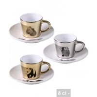 Tasse à Café Expresso en Porcelaine 8 cl (lot de 6)  Designs Assortis  Brillant Couleur Or et Argent avec Reflet Miroir + 1