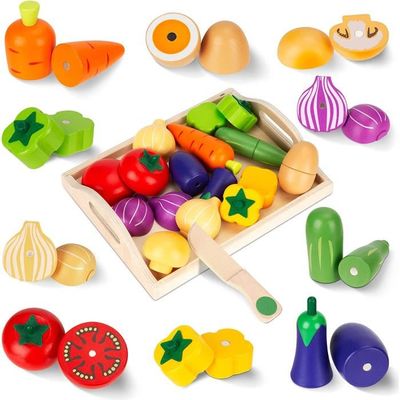 Accessoires de cuisine en bois pour enfants - Jouet de cuisine en bois - Jouet de cuisine pour couper fruits, légumes, aliments - Avec fixation Velcro - Jouet éducatif - Jeu de