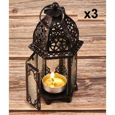 Lot De 3 Photophores En Métal Noir Et Or - Hauteurs 19, 16 Et 10 Cm - Décoration D'intérieur, Bougeoir Chandelier