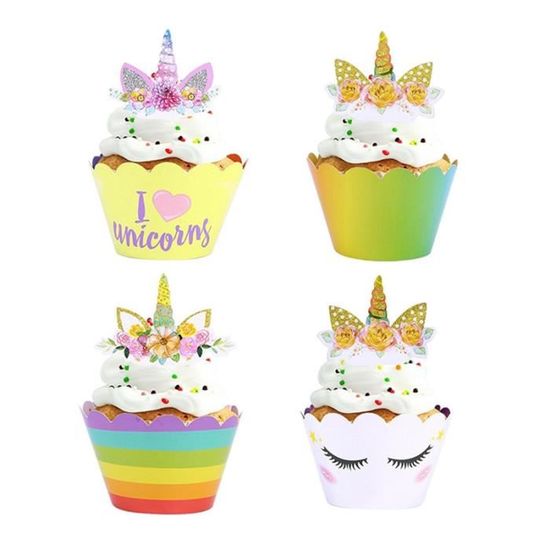 24 ensembles arc-en-ciel licorne Cupcake Topper fournitures de fête pour bébé douche anniversaire  FIGURINE DECOR DE GATEAU