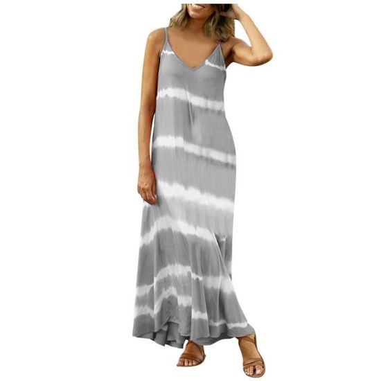 Robe Décontractée Femme à Rayures Et Imprimé Tie-dye – Col En V, Coupe Ample Et Longue, Parfaite Pour L’été Et Les Vacances