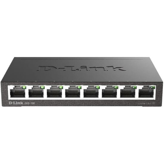 Switch Ethernet D-Link DES-108 8 Ports 10/100 Mbps - Métal, Sans Ventilateur - Partage Connexion Réseau Bureau