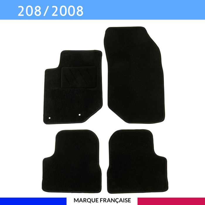 Tapis de sol voiture - Sur mesure pour Peugeot 208 / 2008 dès 10/2019 - Moquette Antidérapante - Clips et Scratch - 4 pièces