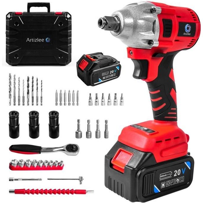 ARTIZLEE Kit Perceuse électrique - Boulonneuse à Choc avec 2 Batteries Li-ion + 44 Accessoires