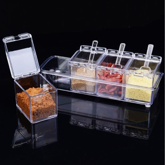 Assaisonnement Box Set 4 pièces Transparentes Pots à épices en Plastique pour Cuisine Boîte à Condiment avec Couvercle et Cuillère