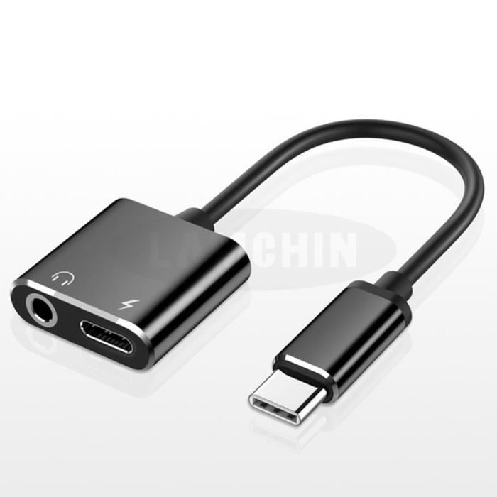Adaptateur Jack USB C, 2 en 1 USB Type C vers 3.5mm Aux Audio Adaptateur de Prise Casque Câble de Charge pour Huawei Xiaomi -Noir