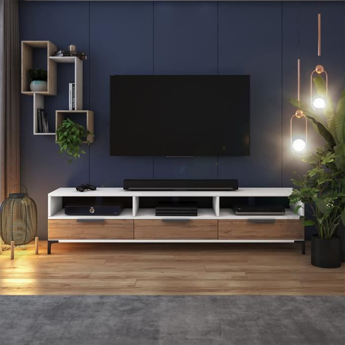 Meuble tv - RIKKE - 160 cm - blanc mat / chêne wotan