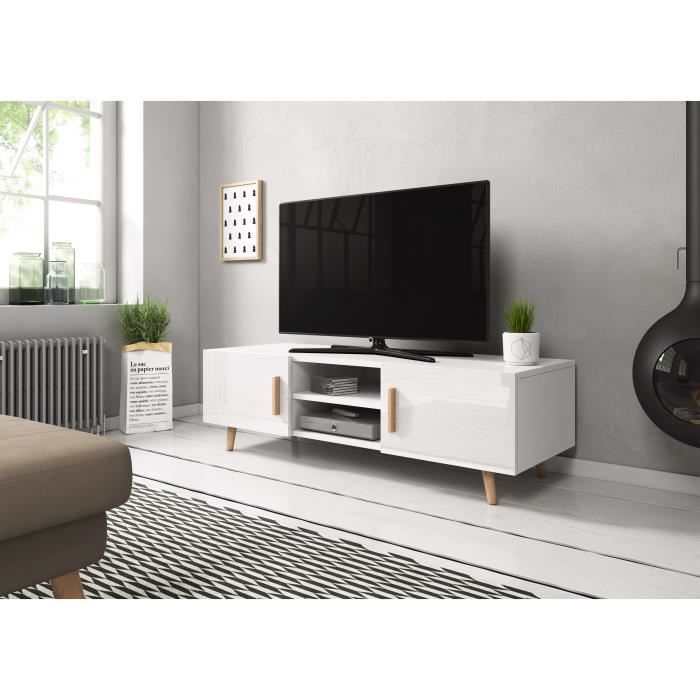 Meuble TV style scandinave Coleus blanc / blanc brillant 140cm