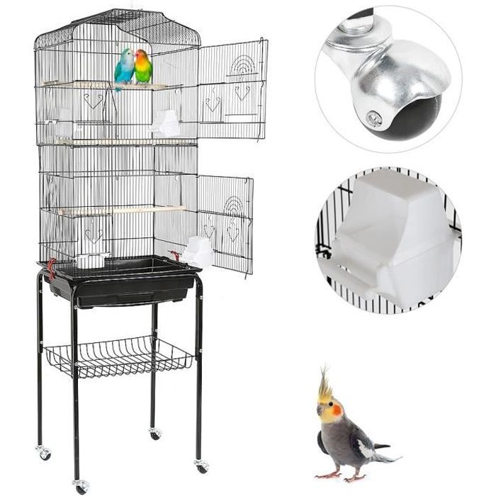 POPS Grande Volière pour Oiseaux Cage à Roulettes Canaries Perroquet Perruches Canaris avec 4 mangeoires, 3 perchoirs, 150,6cm