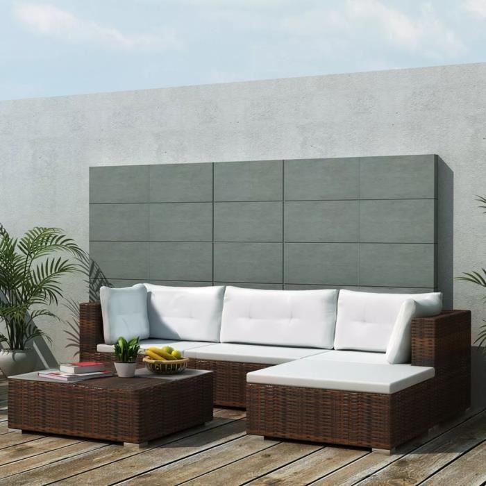 Salon de jardin 4 personnes avec coussins - 5 pcs Meuble de jardin Mobilier de jardin - Résine tressée Marron