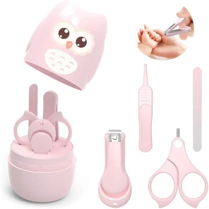 Bébé Soins des Ongles Set, Manucure Bébé Kit 4-en-1 avec Étui Rose Coupe-Ongles, Ciseaux, Lime et Pince à Épiler.