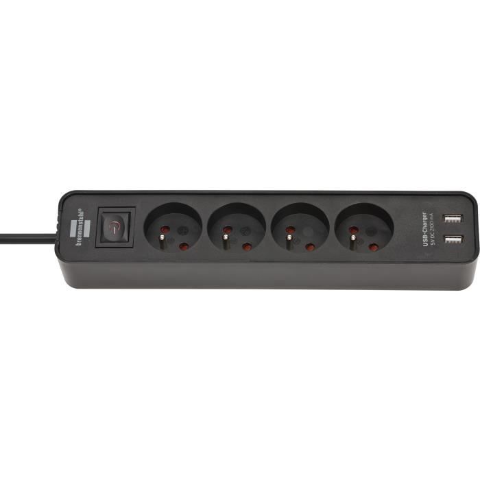 Brennenstuhl Multiprise ECOLOR Noire, 4 prises + 2 prises USB, avec 1,5m de câble