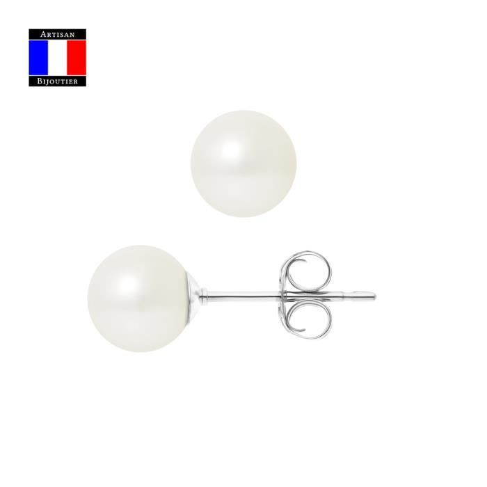 Compagnie Générale des Perles - Boucles d'Oreilles Véritable Perle de Culture 7-8 mm Or Blanc 18 Cts Système Sécurité - Bijou Femme