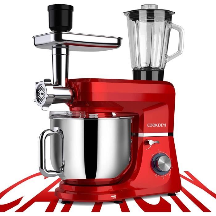 Robot Pâtissier 1500W 8L COOKDEYI 6 en 1 Robot Pétrisseur Électrique 10+1 Vitesses Mixeur 13 accessoires,au Lave-Rouge