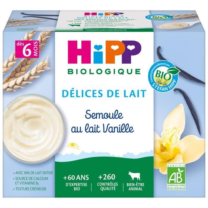 Hipp Bio Délices de Lait Semoule au Lait Vanille +6m 4 x 100g