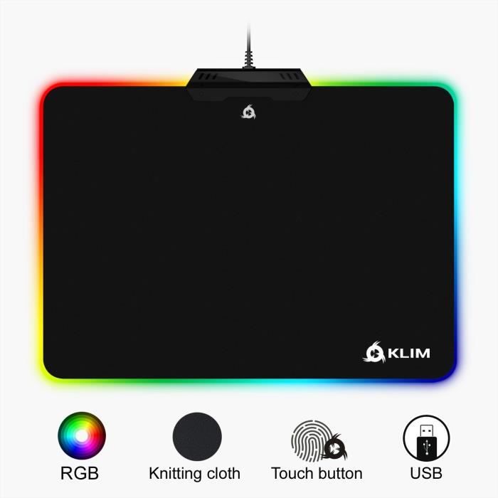 KLIM Tapis de Souris RGB Chroma - Tissu Haute Précision - Effets de Lumière - Plusieurs Modes - Gaming Gamer Jeux Vidéo - USB Rétroé