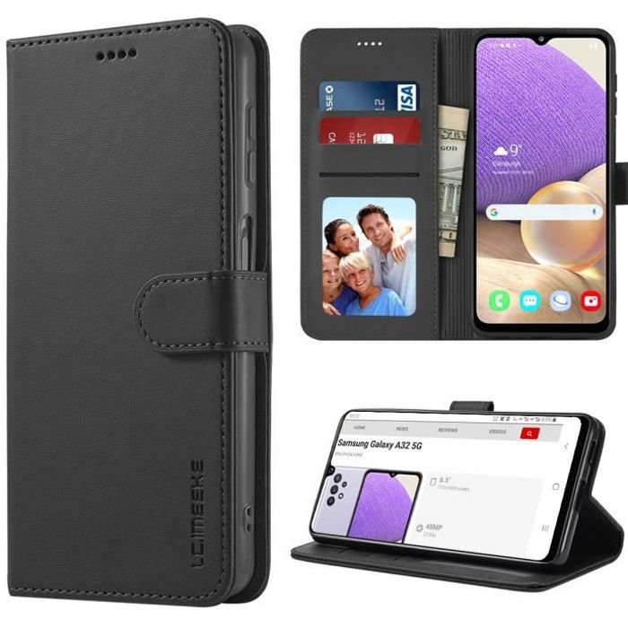 Étui Samsung Galaxy A32 5G, PU Housse en Cuir Portefeuille de Protection avec Fonction Support et Languette Magnétique - Noir