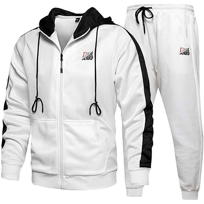 Survêtement Homme Ensemble Jogging Sportif Sweat-Shirt Capuche Pantalon Cordon de Serrage 2 pièce Printemps Automne Blanc