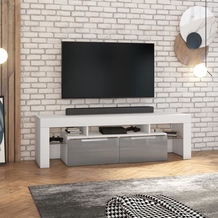 Meuble TV - VERGON - blanc mat / gris brillant - sans LED