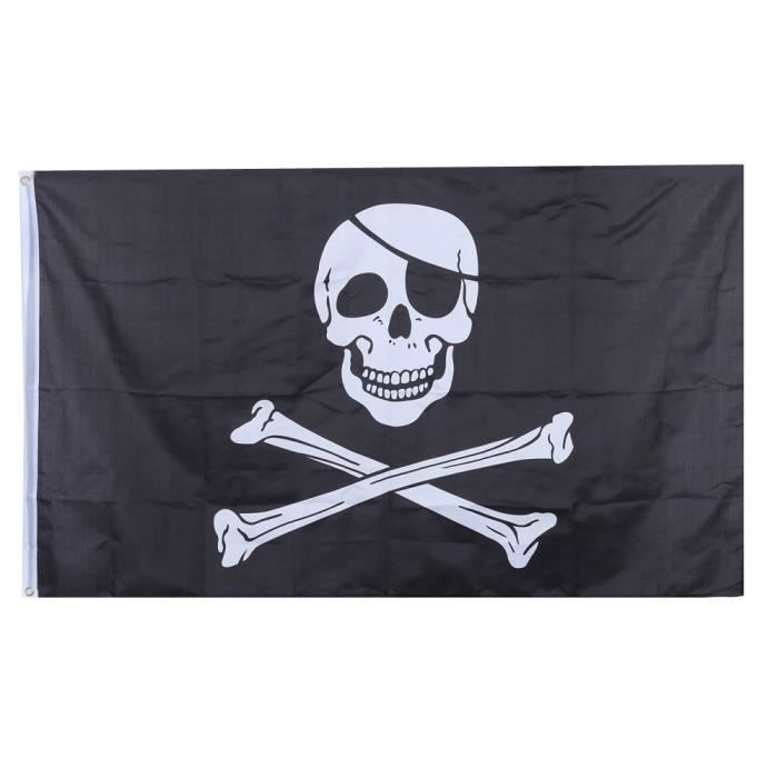 Grand Drapeau de Pirate Noir Jolly Roger Crâne et Os 90 x 150 cm avec Anneaux Bannière Suspendue Thème Fête Bateau Fantôme