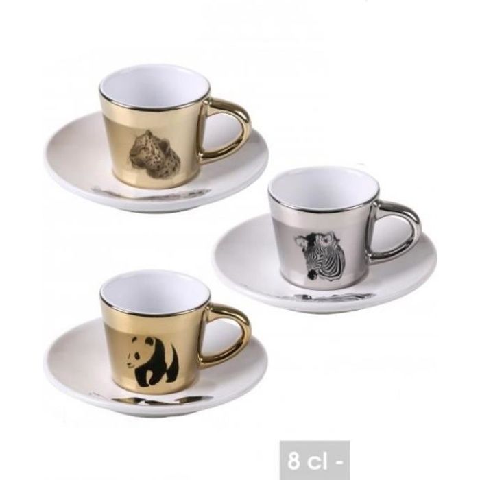 Tasse à Café Expresso en Porcelaine 8 cl (lot de 6) Designs Assortis Brillant Couleur Or et Argent avec Reflet Miroir + 1 Soucoupe