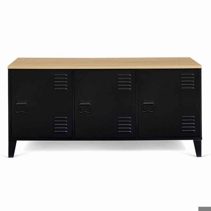 Buffet Industriel 3 Portes Métal Noir + Rangement + Plateau Bois 113 cm Salon Esthétique Factory Épuré