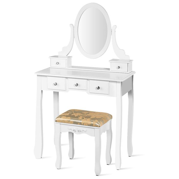 coiffeuse table de maquillage avec miroir ovale pivotant a 360° 5 tiroirs finition peinte et tabouret rembourre blanc