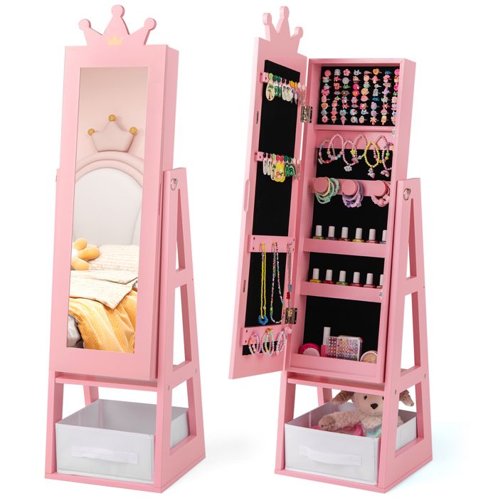 DREAMADE Armoire à Bijoux pour Enfants avec Miroir de Courtoisie Pleine Longueur Tiroir Pliable Crochets Etagères Couronne Rose