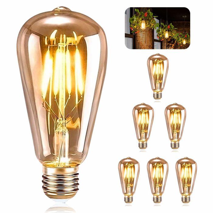 6 Pièces Ampoule E27 Vintage LED ST64 Lampe Décorative Rétro Edison Vintage 4W Filament Blanc Chaud