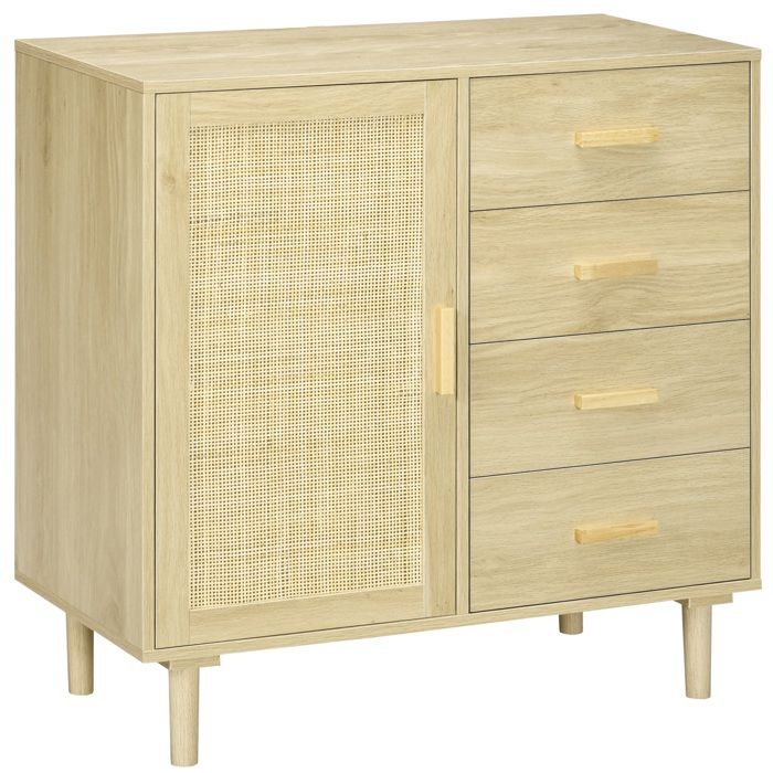 Buffet rotin - HOMCOM - placards à porte cannage et 4 tiroir - 80 x 38 x 805 cm - effet bois naturel