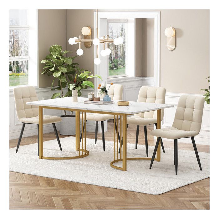Ensemble Table et Chaises Salle a Manger 140x80cm Pieds de Table Dorés Table a Manger avec 4 Chaises Chaises en Velours Beige