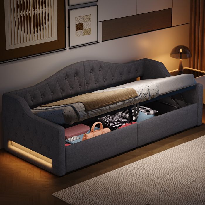 Canapé-lit capitonné 90x200cm - avec bande lumineuse LED - rangement - avec sommier à lattes - gris