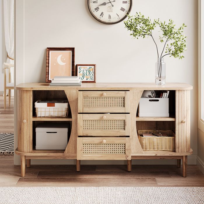 Buffet 140 5 x 40 x 76 cm - 3 tiroirs en rotin - 2 portes coulissantes - étagères réglables - naturel Buffet 140 5 x 40 x 76 cm - 3 tiroirs en rotin - 2 portes coulissantes - étagères réglables - naturel