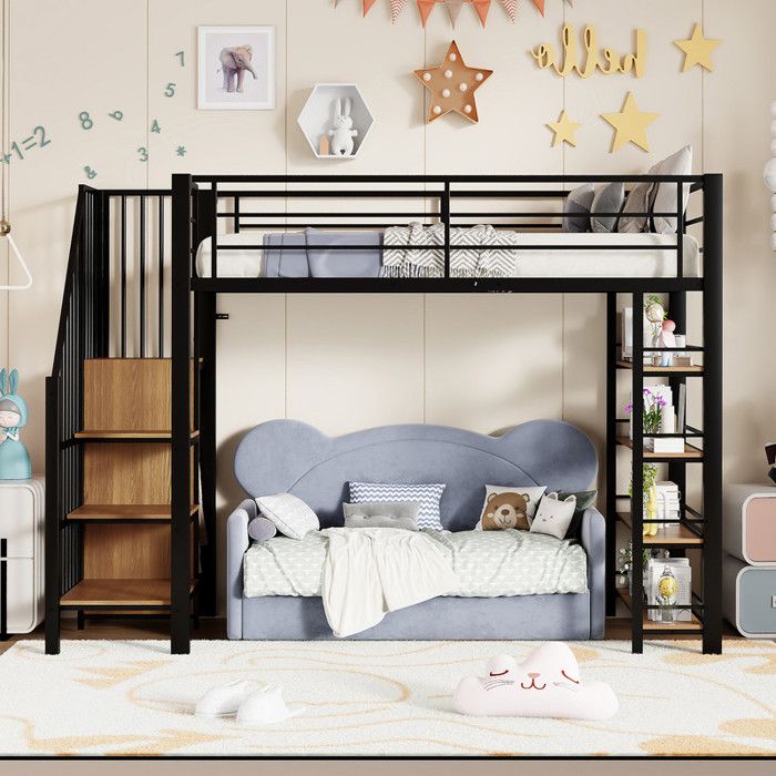 Lit mezzanine 90 x 200 cm avec petite armoire Lit enfant avec étagères et barrière haute Lit 1 Personne Lit en fer Noir