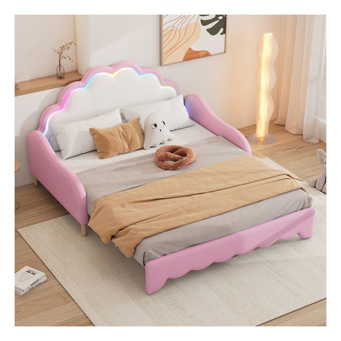 Canapé-lit 140 x 200 cm Lit enfant avec éclairage LED Lit gigogne avec télécommande Lit 2 personnes Tête de lit Rose