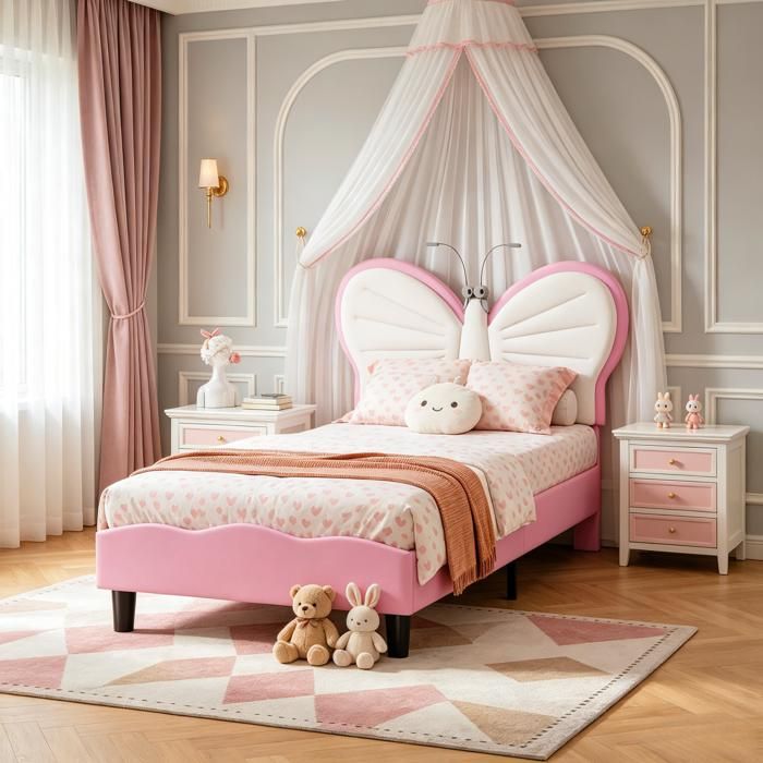Lit Fille 90x200 cm avec Lampe de Lecture Lit Enfant avec Sommier à Lattes Lit Princesse Lit Rembourré Simple Velours+PU Rose