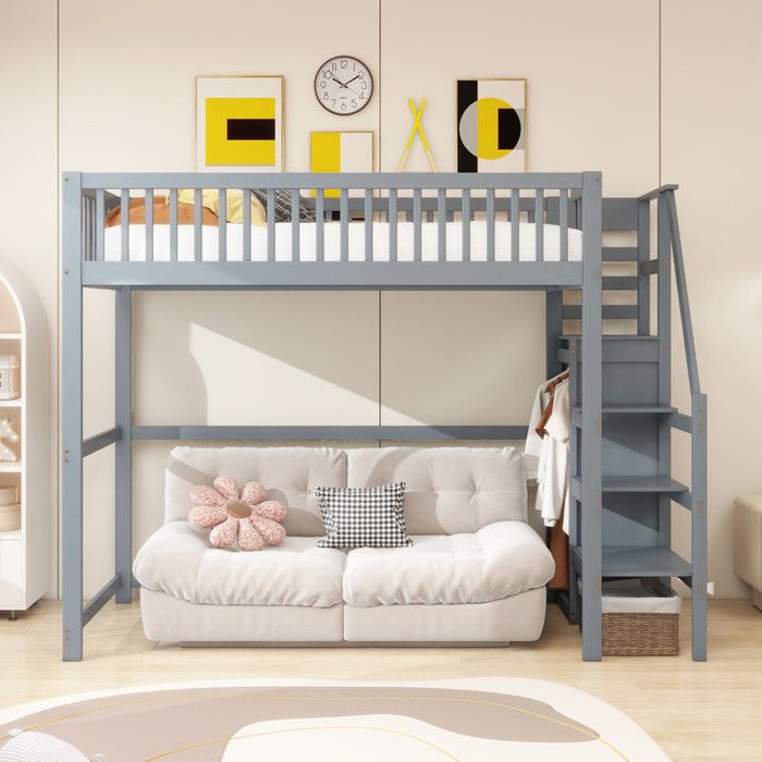 Lit Mezzanine 90x200cm avec Escalier Lit Enfant en Bois avec éTagèRes de Rangement lit 1 personne avec Armoire Gris