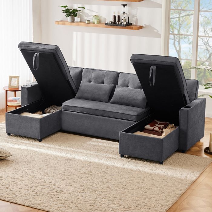 Canapé lit avec Fonction Couchage rembourré canapé dangle Convertible 4 Places en U avec Rangement Tissus en Coton et Lin (Gris)