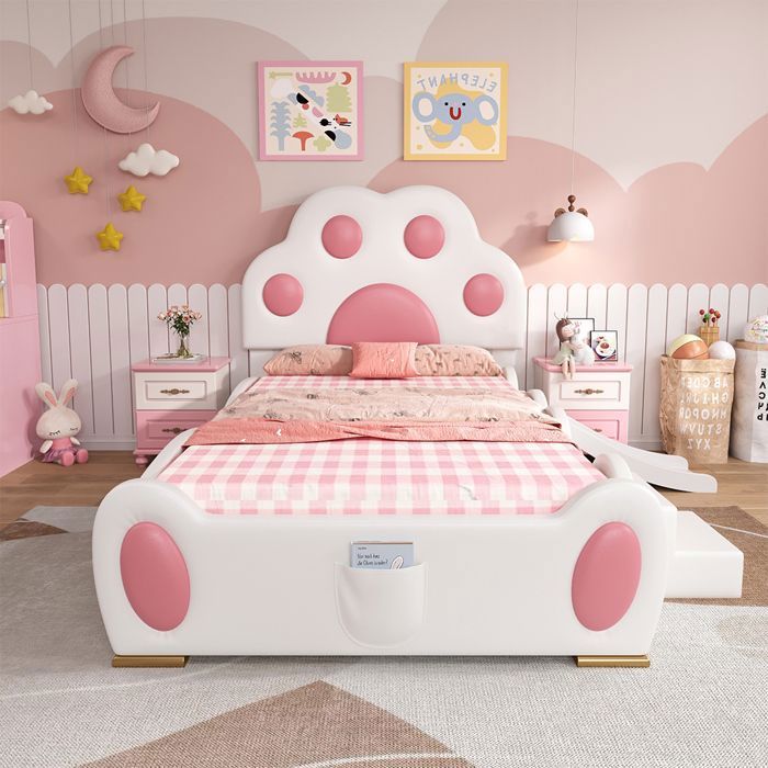 O.Ye Lit rembourré lit simple lit enfant 90 x 200 cm ête de lit en forme de patte de chat de dessin animé avec multi LIT COMBINE