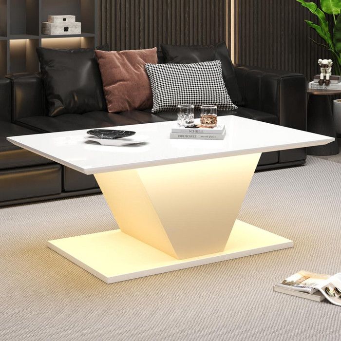 Table basse salon 100x50x46 cm avec lumières LED Table de salon haute brillance Adaptée aux petits espaces blanc en forme de V