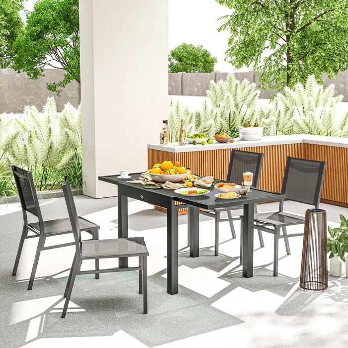 Table Extensible Table de Jardin Grande Taille dim. dépliées 160 x 80 x 75 cm alu métal Gris foncé Plateau Verre trempé Noir