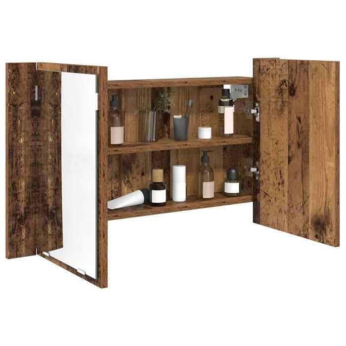 Armoire miroir de salle de bain - vidaXL - 80x12x45 cm - Bois ancien - Montage mural - Bandes LED multicolores