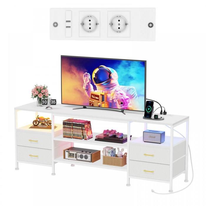 Meuble TV avec Multiprise - Avec 4 Tiroirs en Tissu et Espace de Rangement Ouvert - LED Réglable - 160x40x63 cm - Blanc