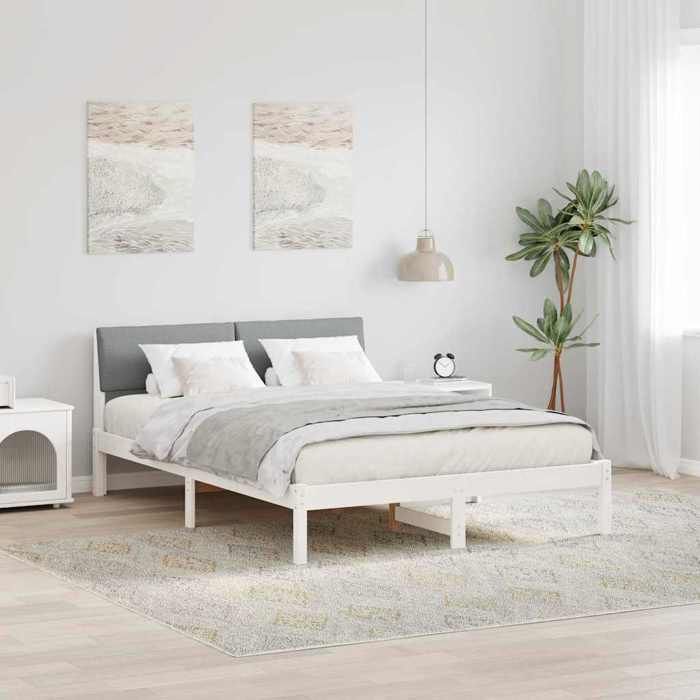 Structure de lit avec tête de lit - UU - 160x200 cm - Blanc et gris clair - Bois massif en pin - Cadre à lattes