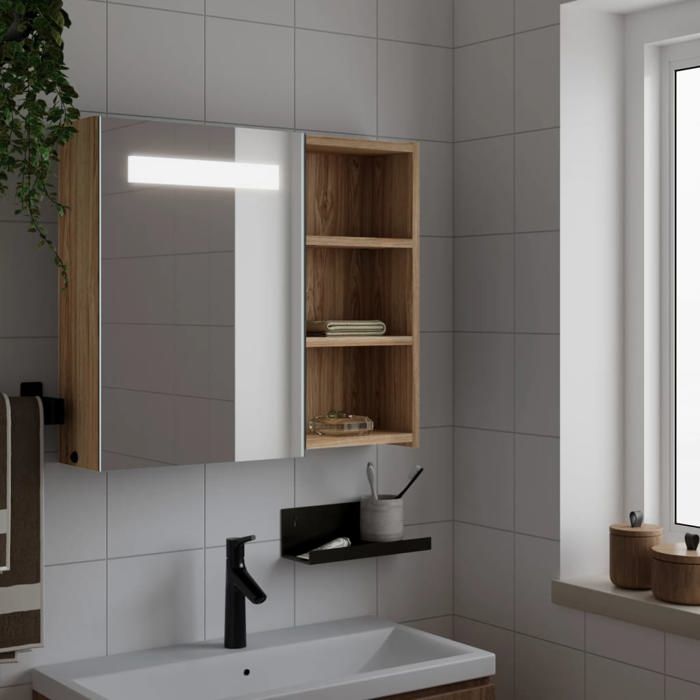 SALE 2026 Armoire de salle de bain Brun - Armoire de salle de bain à miroir avec LED chêne 60x13x52cm PRO741283235