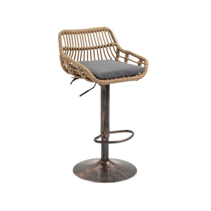 Lot de 2 Tabourets de Bar en Rotin gris - Assise Rembourrée avec Coussin - Hauteur Réglable par Vérin à Gaz - 49x48x89cm