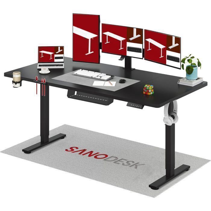 SANODESK Bureau Assis Debout Électrique 180x80cm avec Système Anti-Collision et Fonctions Mémoires Crochet/Porte-gobelet Noir